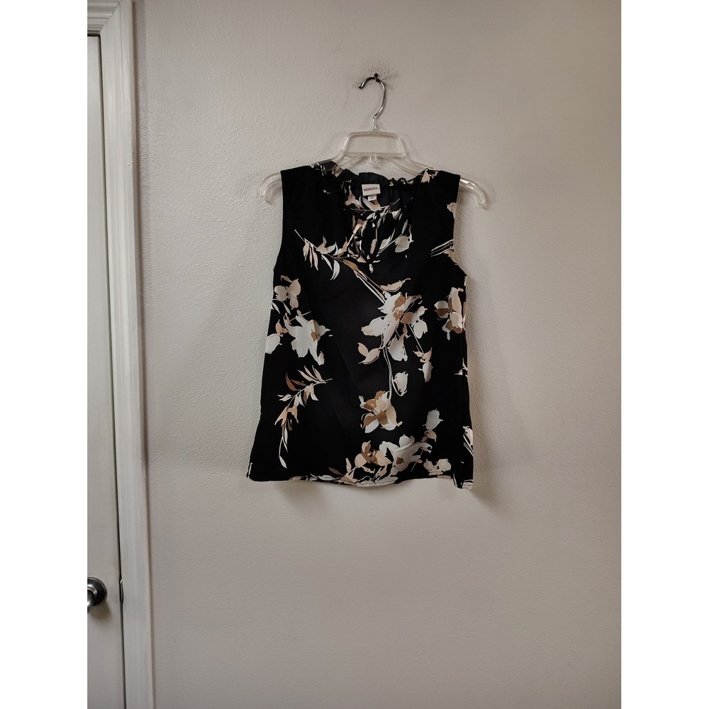 Merona Black Floral Sleeveless Blouse Ruffle Neck Keyhole Top Small